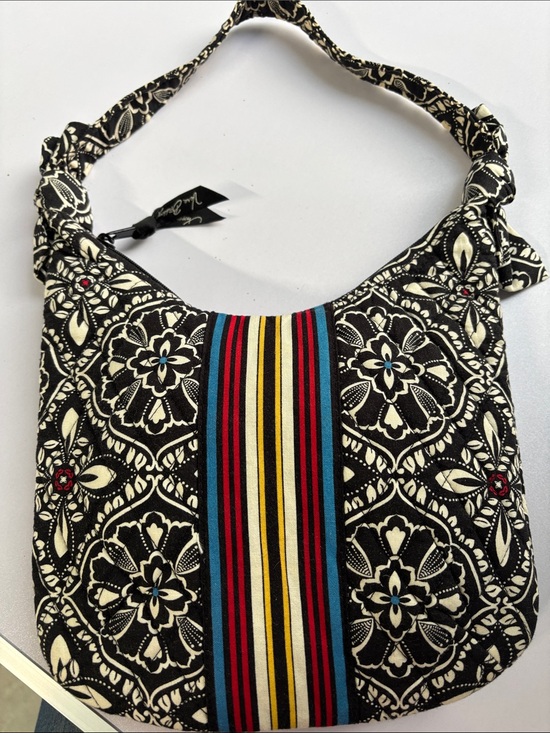 Vera Bradley Handbags - Vera Bradley Black & Cream Floral Shoulder Bag with Multicolor Stripe